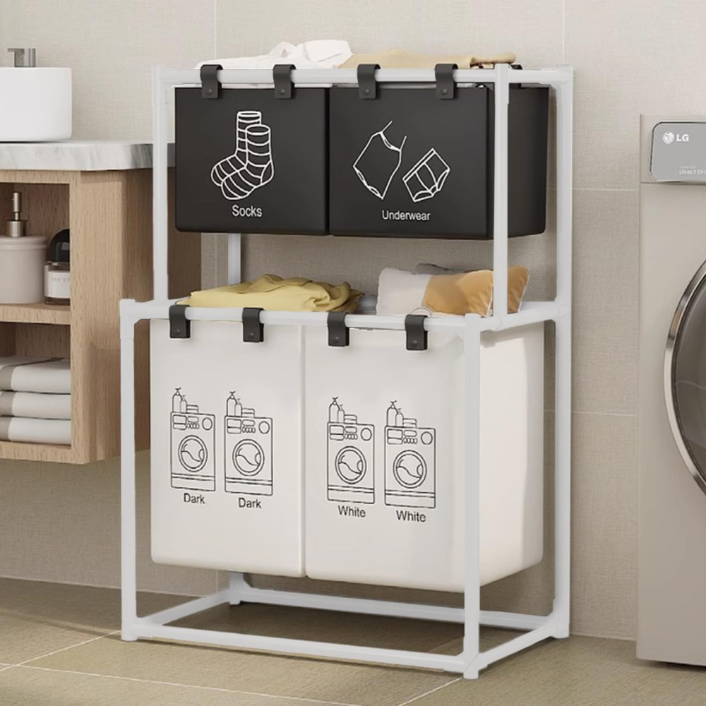 Cos de Rufe, cu 2 Etaje, 4 Cosuri, Cadru de Otel Inoxidabil, 97x44x57 cm, Alb [4]