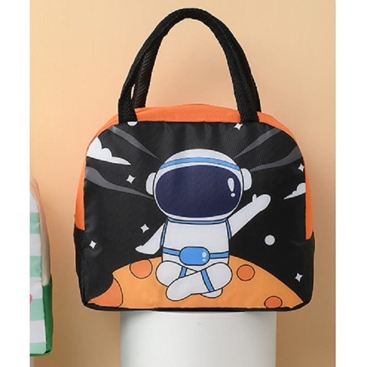 Geanta Termoizolanta pentru Copii, 23x13x19 cm, Model Imprimeu Astronaut, din Folie de Aluminiu si Panza Oxford, Negru/Portocaliu [3]