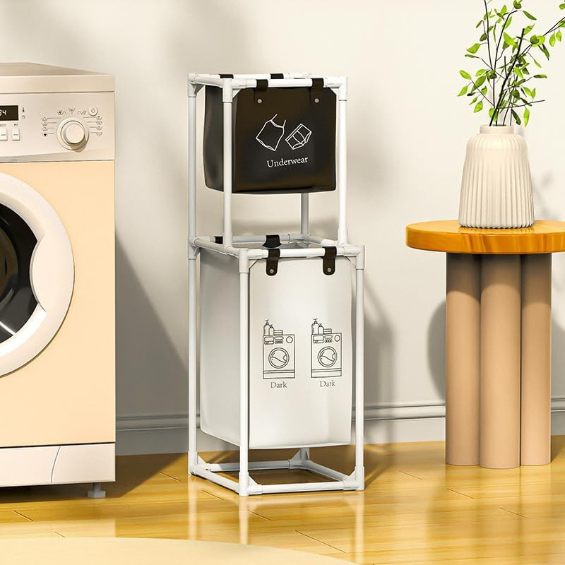 Cos de Rufe, cu 2 Etaje, 2 Cosuri, Cadru de Otel Inoxidabil, 97x44x31 cm, Alb [2]