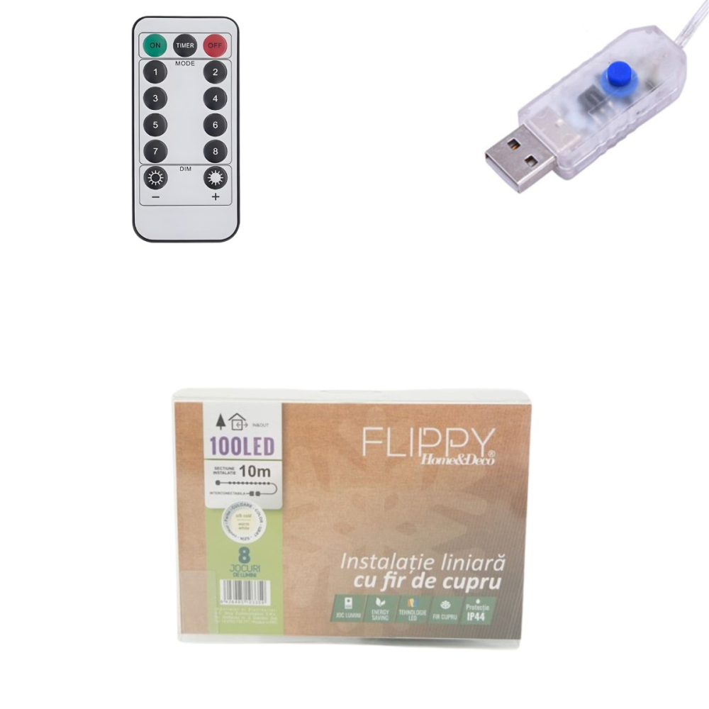 Instalatie de Craciun Liniara,®, Tip Liniara, Fir Cupru, 8 Jocuri de Lumini, cu Telecomanda, 10 m, 100 Led-uri, Alimentare USB, 4.5V, Alb Cald [8]