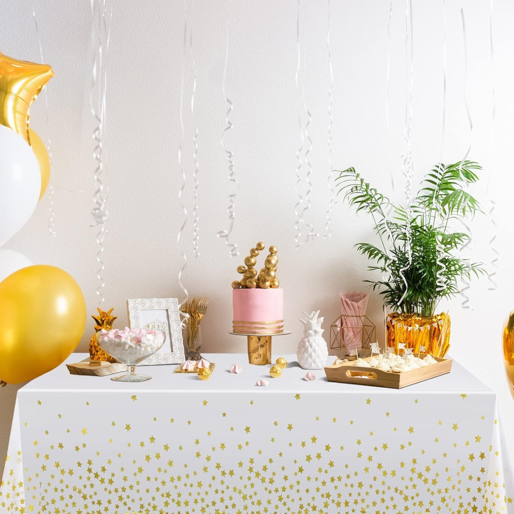 Fata de Masa, din Folie, Imprimeu Stele Aurii, Impermeabila, 137 x 274 cm, Alb [2]