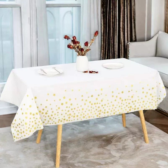 Fata de Masa, din Folie, Imprimeu Stele Aurii, Impermeabila, 137 x 274 cm, Alb [4]