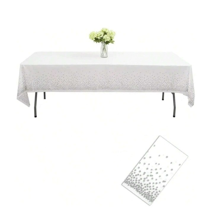 Fata de Masa, din PEVA, Imprimeu Buline, 137 x 274 cm, Impermeabila, Fara Pete, Curatare Rapida, Argintiu [6]