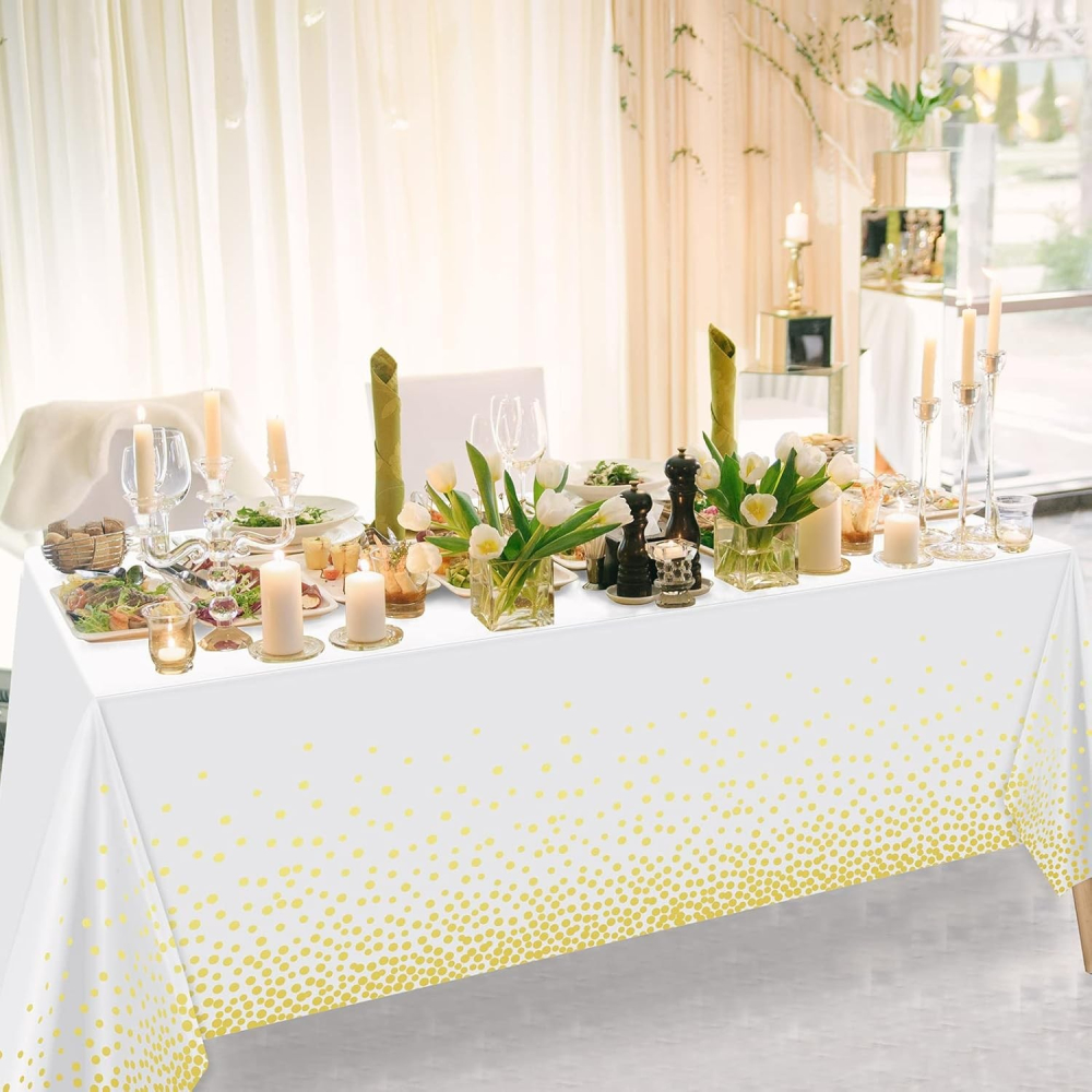 Fata de Masa, din PEVA, Imprimeu Buline, 137 x 274 cm, Impermeabila, Fara Pete, Curatare Rapida, Auriu [3]