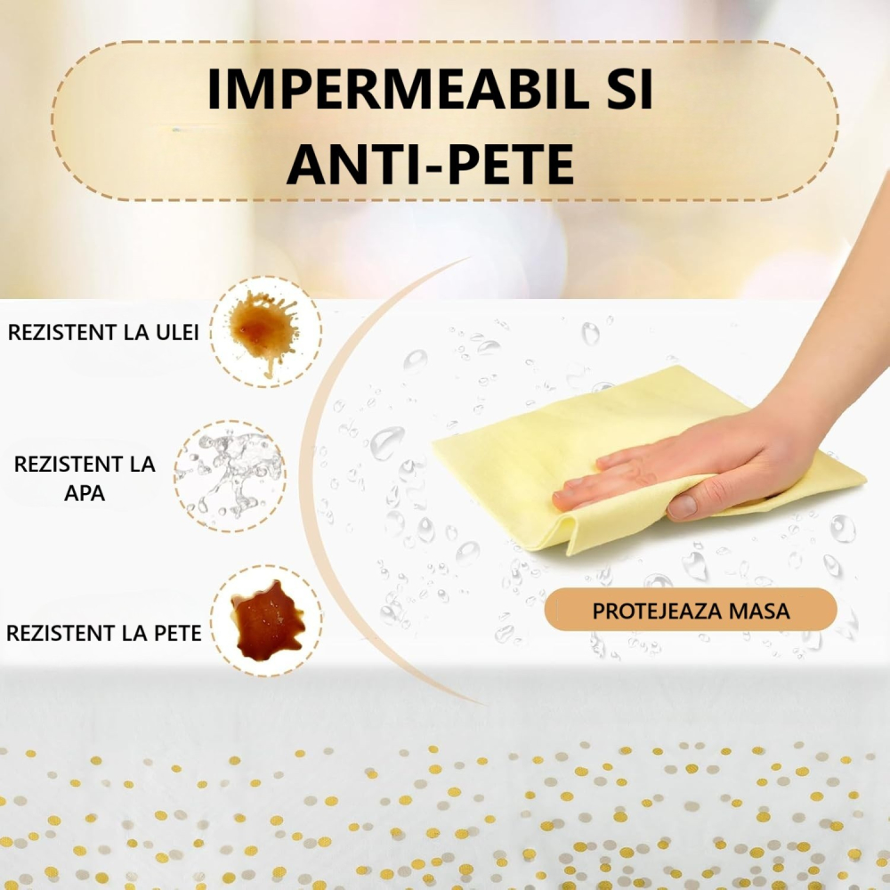 Fata de Masa, din PEVA, Imprimeu Buline, 137 x 274 cm, Impermeabila, Fara Pete, Curatare Rapida, Crem [4]