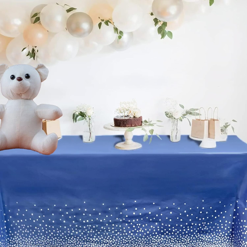 Fata de Masa, din PEVA, Imprimeu Buline Argintii, 137 x 274 cm, Impermeabila, Fara Pete, Curatare Rapida, Albastru Inchis [3]