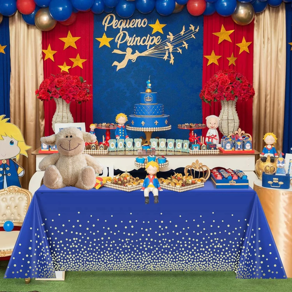 Fata de Masa, din PEVA, Imprimeu Buline Aurii, 137 x 274 cm, Impermeabila, Fara Pete, Curatare Rapida, Albastru Inchis [6]