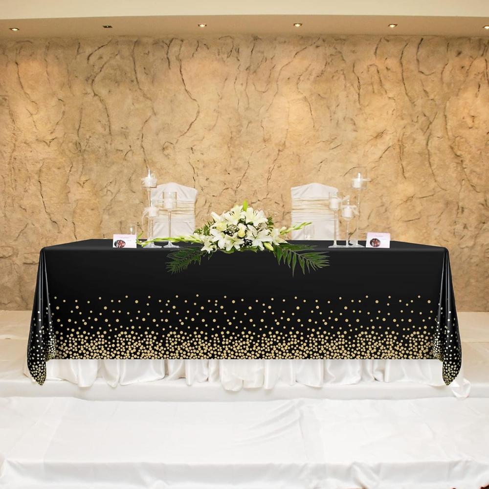 Fata de Masa, din PEVA, Imprimeu Buline Aurii, 137 x 274 cm, Impermeabila, Fara Pete, Curatare Rapida, Negru [5]