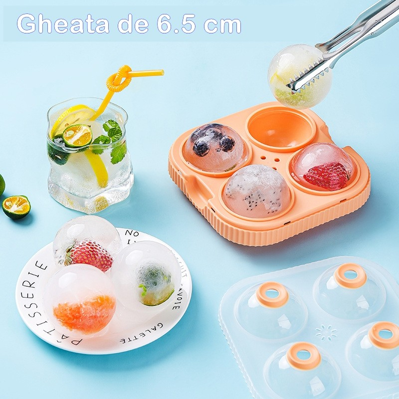 Forma Sfere de Gheata pentru Wiskey si Cocktail-uri 4 Sfere, Material Plastic/Silicon Alimentar, Diametru 6.5 cm, cu Orificiu Tip Palnie pentru Umplere, 17 x 17 x 7 cm, Portocaliu [4]