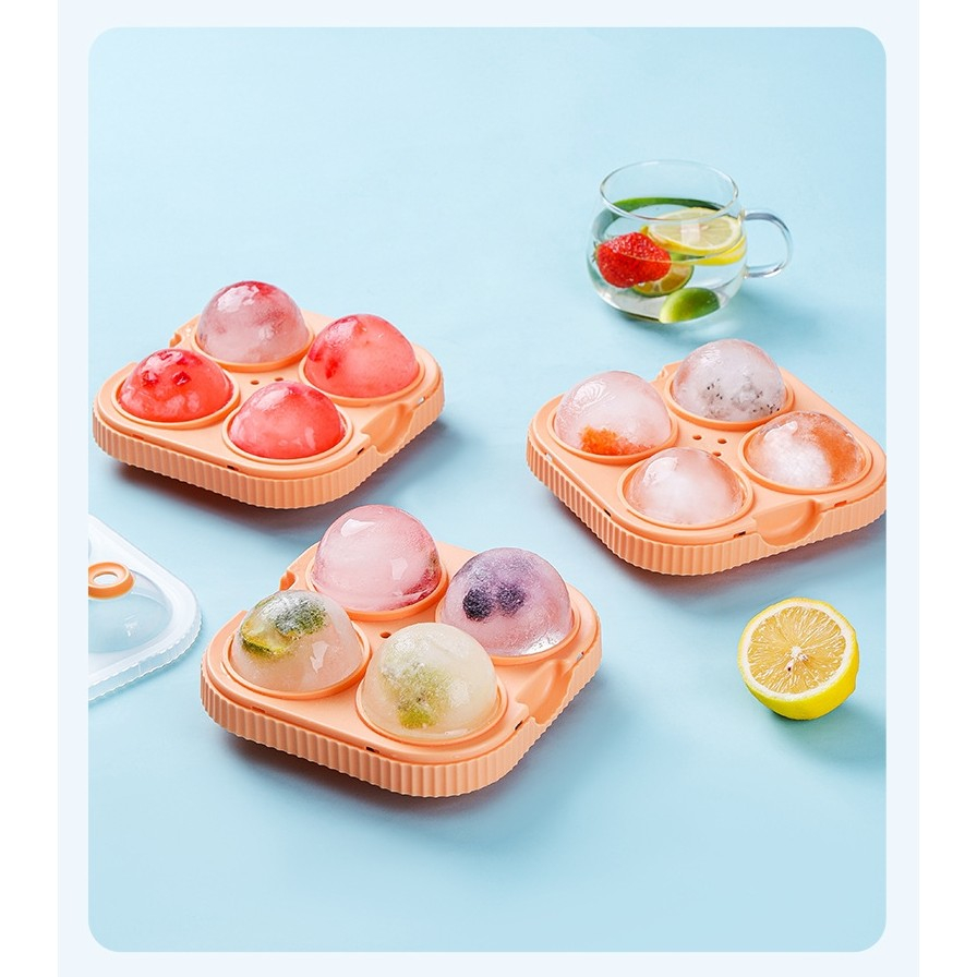 Forma Sfere de Gheata pentru Wiskey si Cocktail-uri 4 Sfere, Material Plastic/Silicon Alimentar, Diametru 6.5 cm, cu Orificiu Tip Palnie pentru Umplere, 17 x 17 x 7 cm, Portocaliu [7]