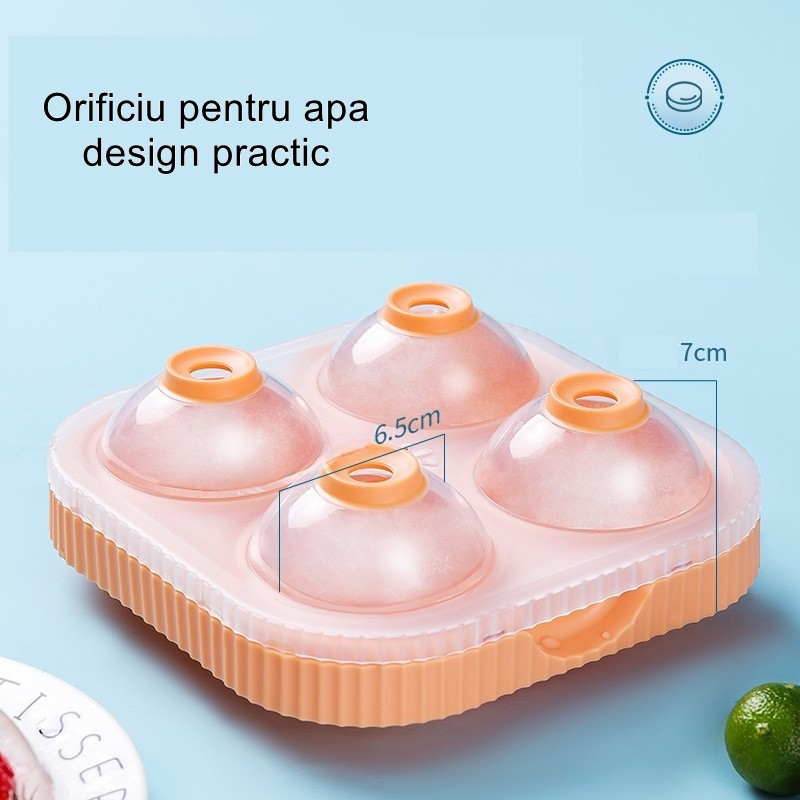 Forma Sfere de Gheata pentru Wiskey si Cocktail-uri 4 Sfere, Material Plastic/Silicon Alimentar, Diametru 6.5 cm, cu Orificiu Tip Palnie pentru Umplere, 17 x 17 x 7 cm, Portocaliu [8]