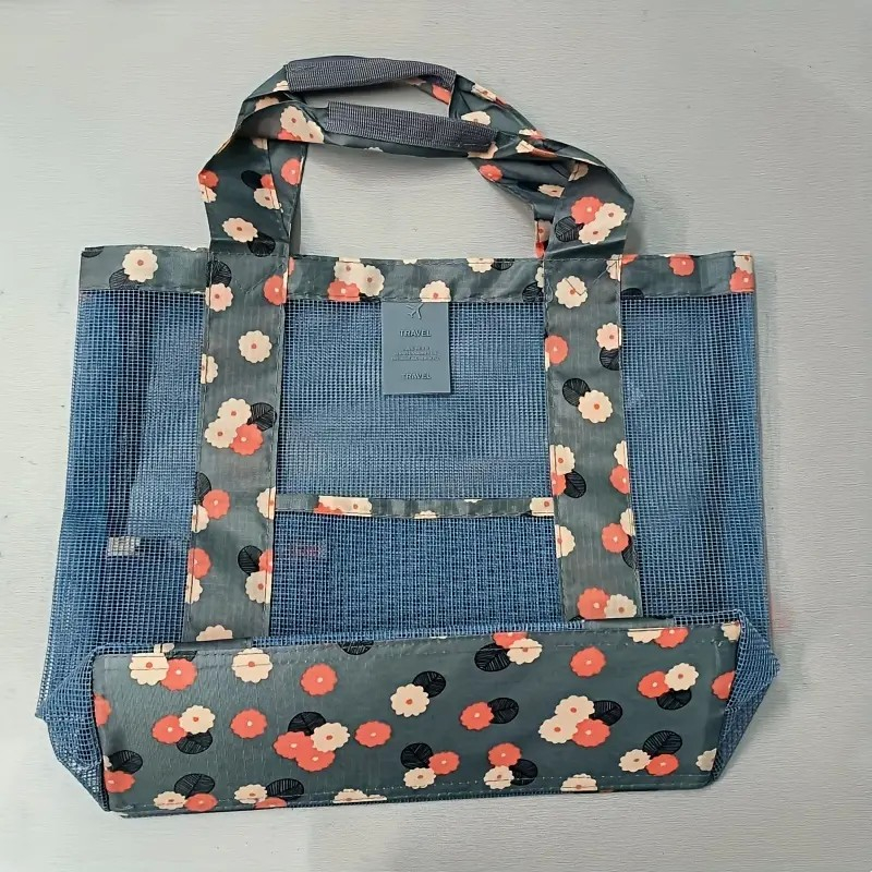 Geanta de Plaja, din Plasa Transparenta, Imprimeu Floral, 43 x 10 x 33 cm, Model pentru Umar, Lungime Inferioara 33 cm, Albastru [10]