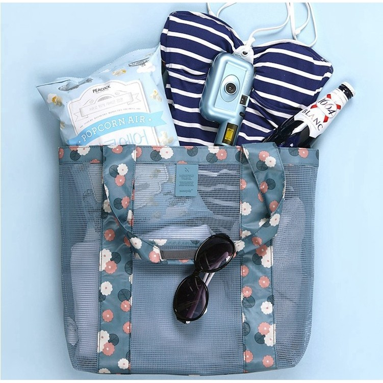 Geanta de Plaja, din Plasa Transparenta, Imprimeu Floral, 43 x 10 x 33 cm, Model pentru Umar, Lungime Inferioara 33 cm, Albastru [8]