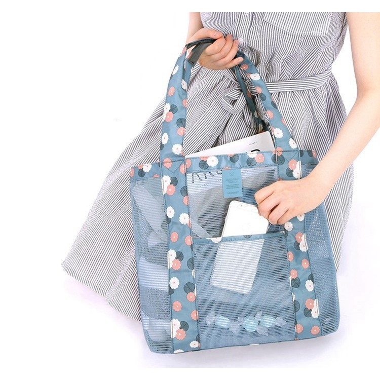 Geanta de Plaja, din Plasa Transparenta, Imprimeu Floral, 43 x 10 x 33 cm, Model pentru Umar, Lungime Inferioara 33 cm, Albastru [4]