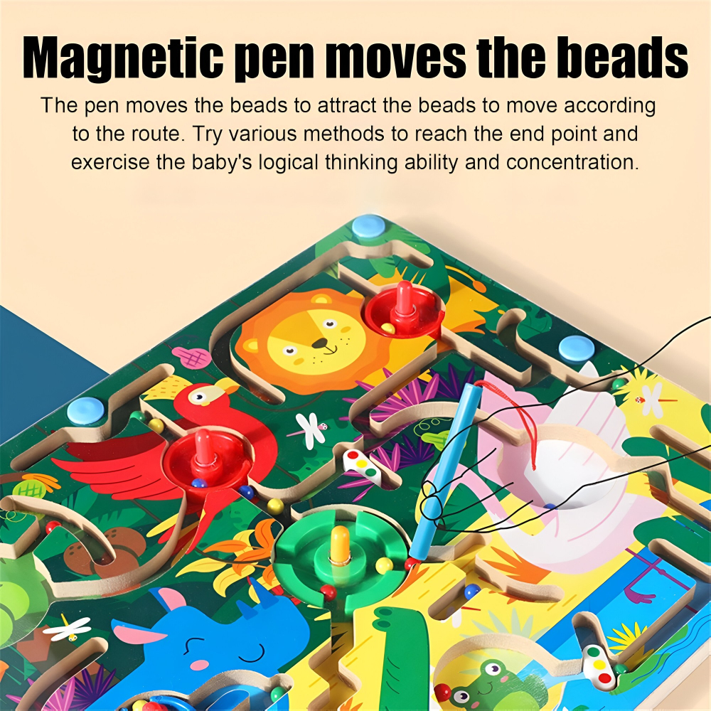 Joc Montessori de Sortare Culori, Creion Magnetic, Tip Labirint Ilustrat, din Lemn, Model Animale Salbatice, 39x29x1.5 cm [12]