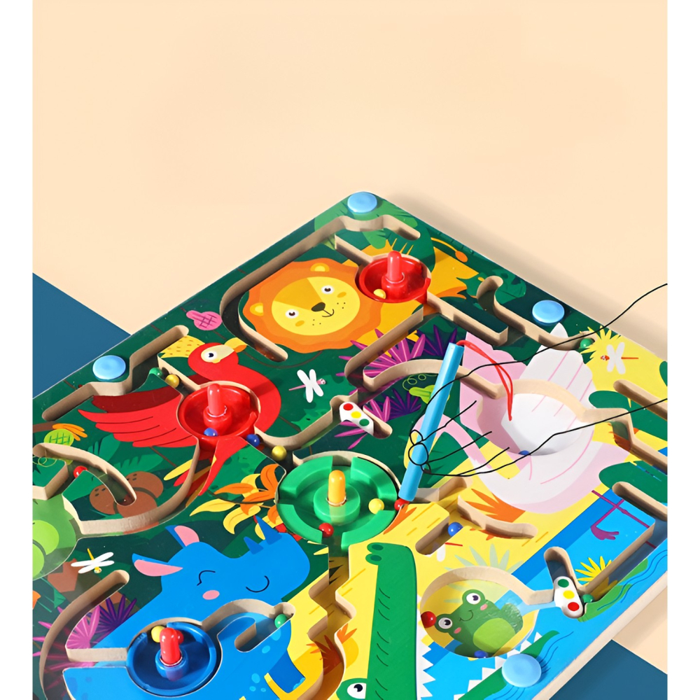 Joc Montessori de Sortare Culori, Creion Magnetic, Tip Labirint Ilustrat, din Lemn, Model Animale Salbatice, 39x29x1.5 cm [6]