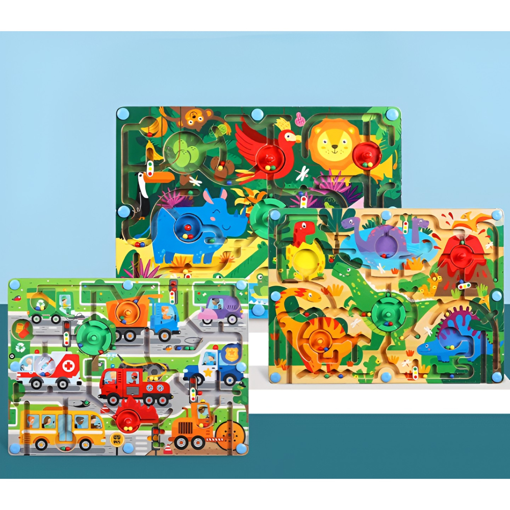 Joc Montessori de Sortare Culori, Creion Magnetic, Tip Labirint Ilustrat, din Lemn, Model Animale Salbatice, 39x29x1.5 cm [4]