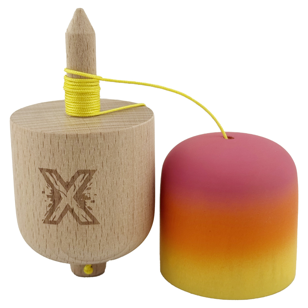 Kendama Pill X Originala, Profesionala Model Rubber Grip Pilula, din Lemn, Varsta 9+, Ata 62/65 cm, 11 x 5 x 5 cm, Gradient Roz/Portocaliu/Galben [3]