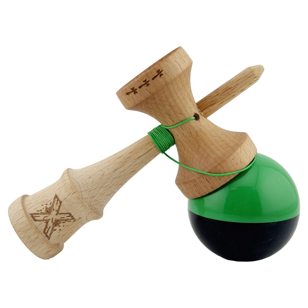 Kendama X Originala, Profesionala, Big Cups V2, Super Sticky cu Cupe Mari, Rulment Metalic, din lemn 18 cm, Ata 55 cm, Verde/Negru [3]