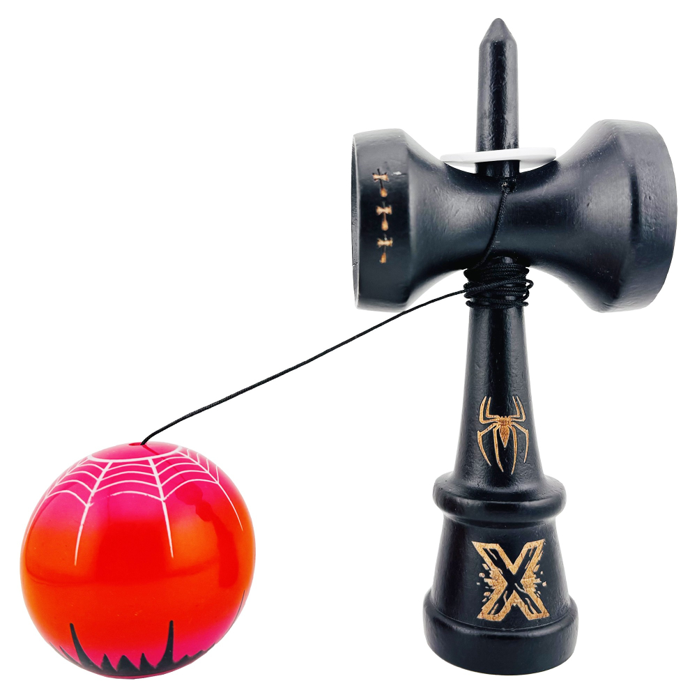Kendama X Originala , Profesionala, Cupe Mari KING SIZE V3, Super Sticky, Gaura in Baza, Rulment Metalic, din lemn 18 cm, Ata 62/65 cm- BLACK Spider King [4]