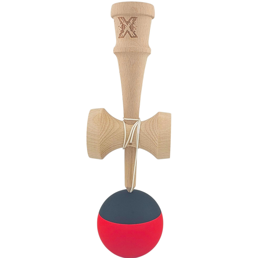 Kendama X Originala, Profesionala, 18 cm, din Lemn, Rubber Grip, Rosu/Negru [2]