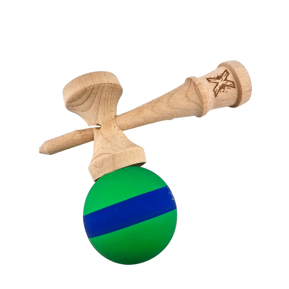 Kendama X Originala, Profesionala, 18 cm, din Lemn, Rubber Grip, Verde/Albastru [4]