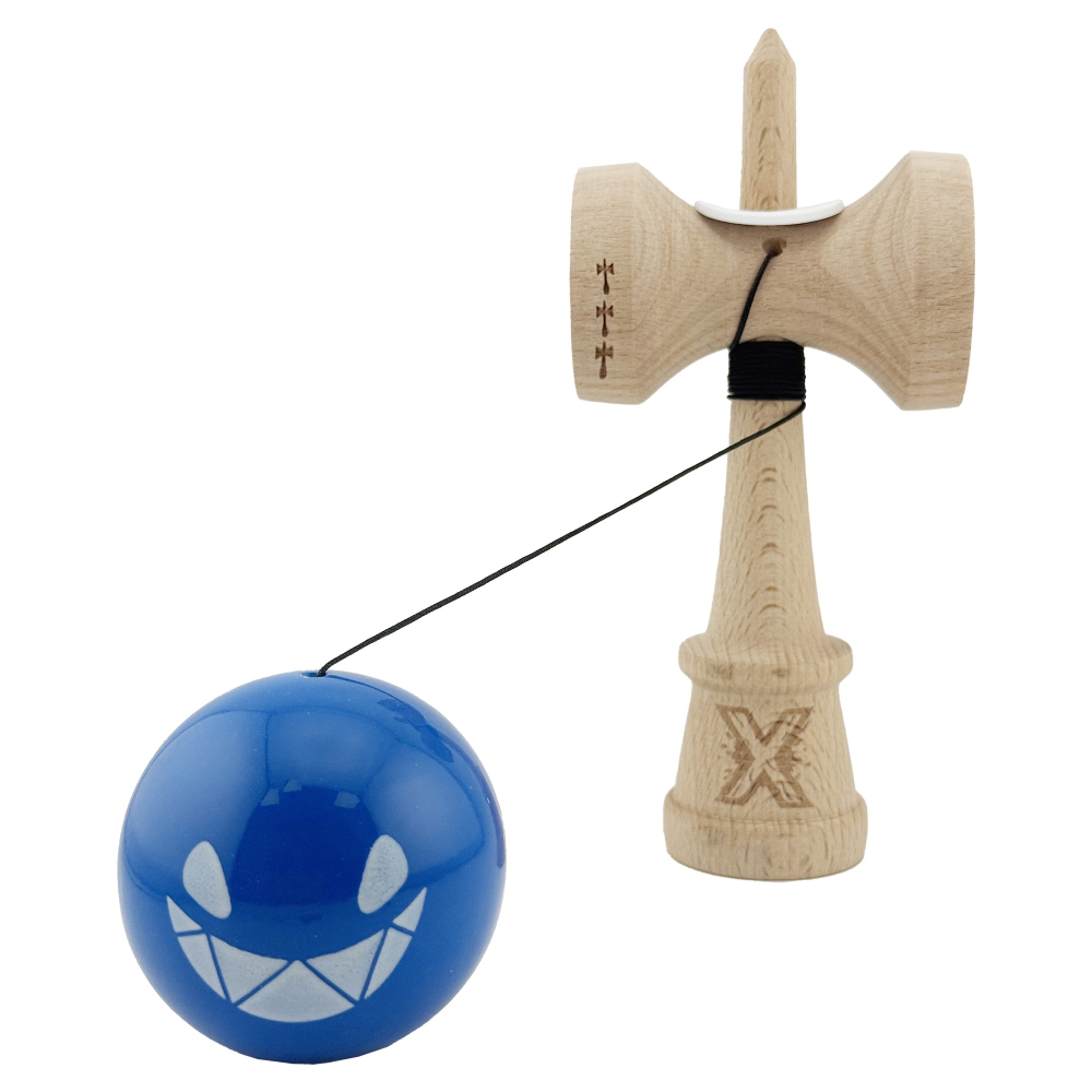 Kendama X Originala, Profesionala, Crazy Smile, Super Sticky cu Cupe Mari KING SIZE V3, Gaura in Baza, Rulment Metalic, din lemn 18 cm, Ata 62/65 cm, Special Albastru [4]