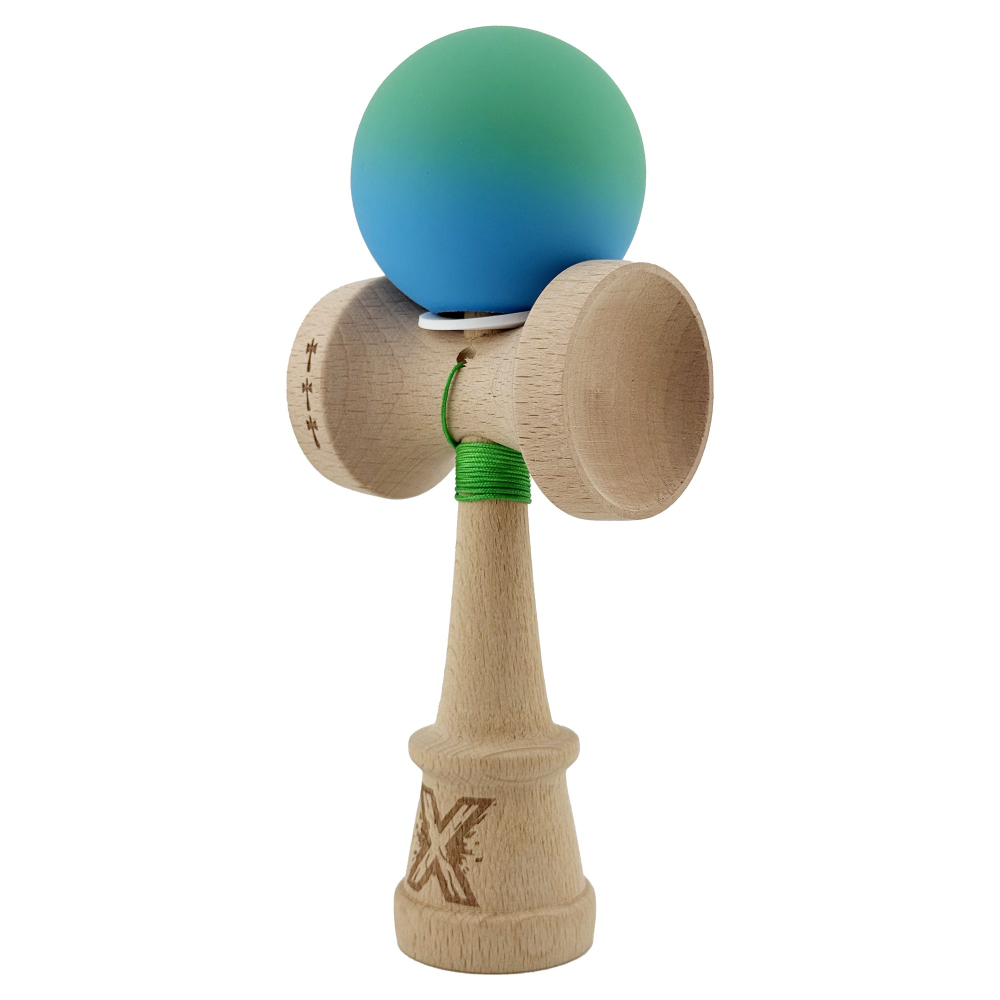 Kendama X Originala, Profesionala, Cupe Mari KING SIZE V3, Rubber Grip, Gaura in Baza, Rulment Metalic, din lemn 18 cm, Ata 62/65 cm, Gradient Verde/Albastru [3]