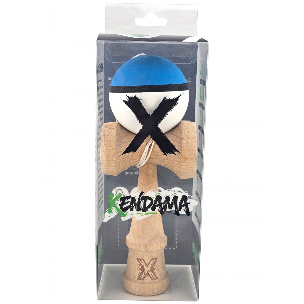 Kendama X Originala, Profesionala, din Lemn, 18 cm, Rubber Grip, Albastru/Alb [2]