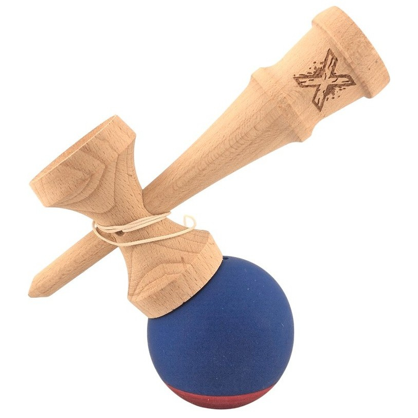 Kendama X Originala, Profesionala, din Lemn, 18 cm, Rubber Grip, Albastru inchis/Rosu [3]
