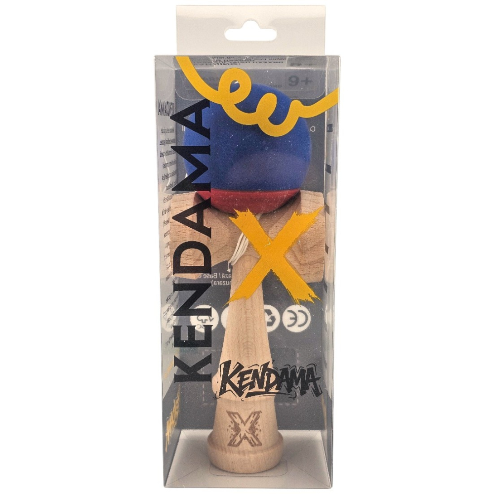 Kendama X Originala, Profesionala, din Lemn, 18 cm, Rubber Grip, Albastru inchis/Rosu [4]