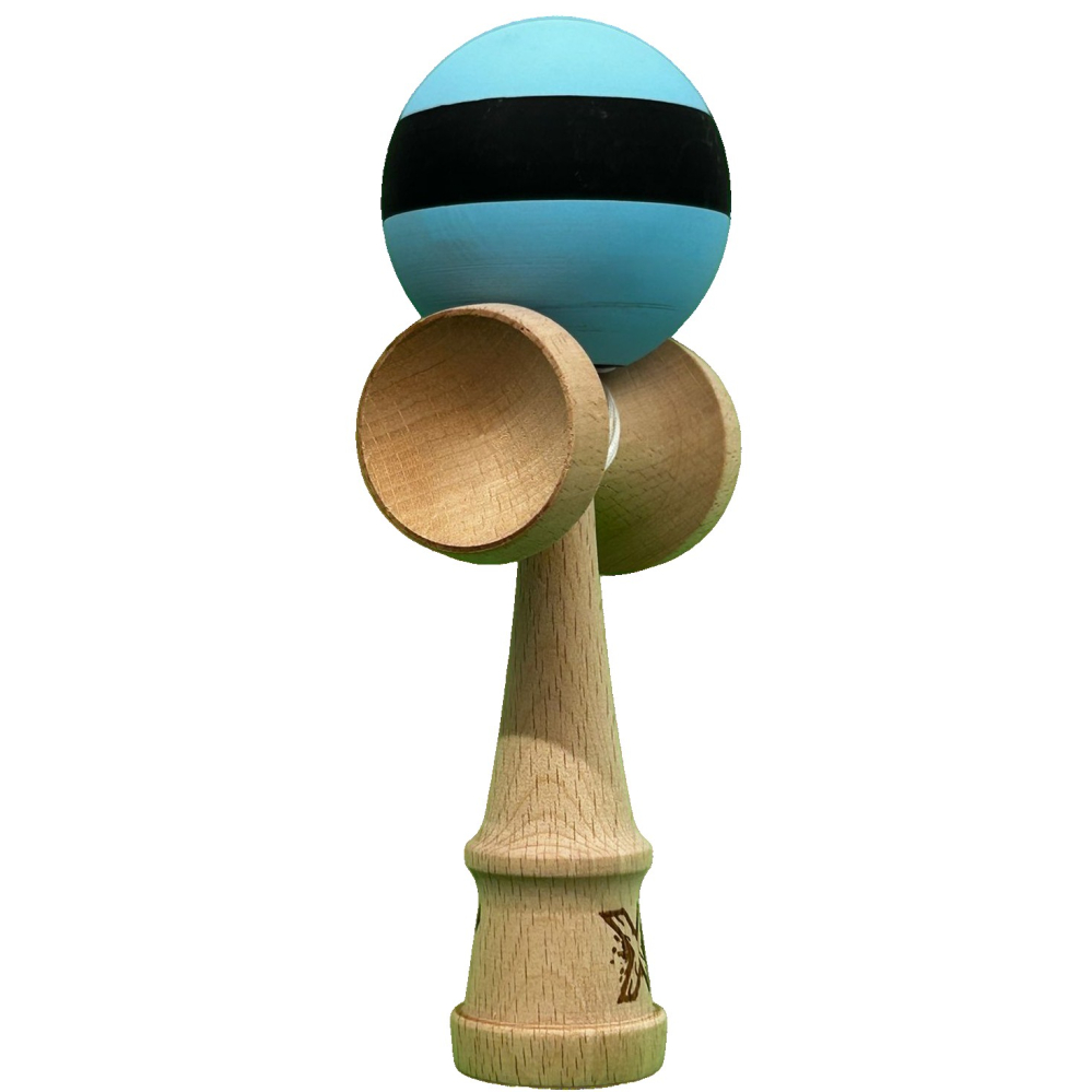 Kendama X Originala, Profesionala, din Lemn, 18 cm, Rubber Grip, Dungi Albastru/Negru [2]