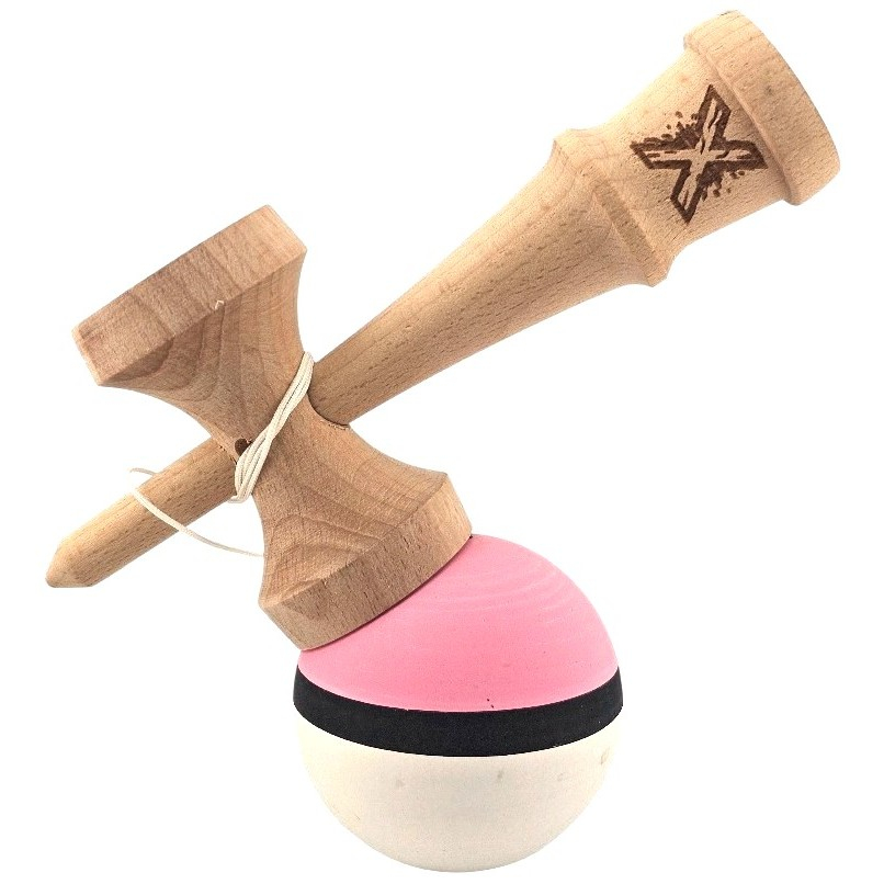 Kendama X Originala, Profesionala, din Lemn, 18 cm, Rubber Grip, Roz/Negru/Alb [3]