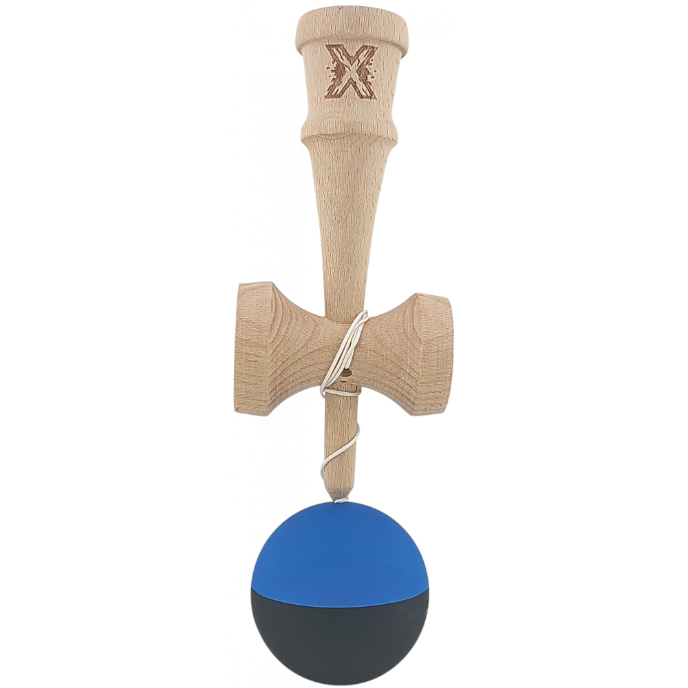 Kendama X Originala, Profesionala, din Lemn, Rubber Grip, 18 cm, Albastru/Negru [2]