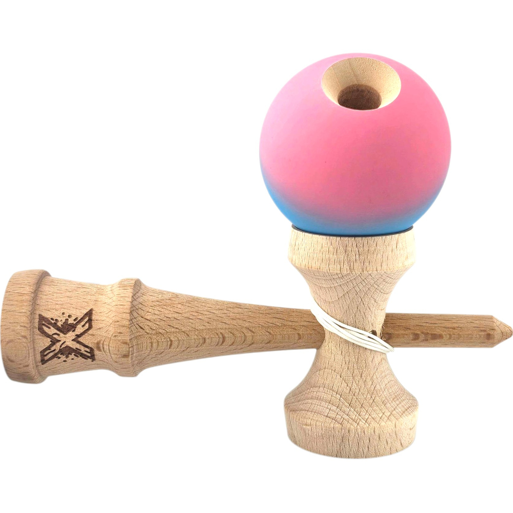 Kendama X Originala, Profesionala, din Lemn, Rubber Grip, 18 cm, Albastru/Roz [4]