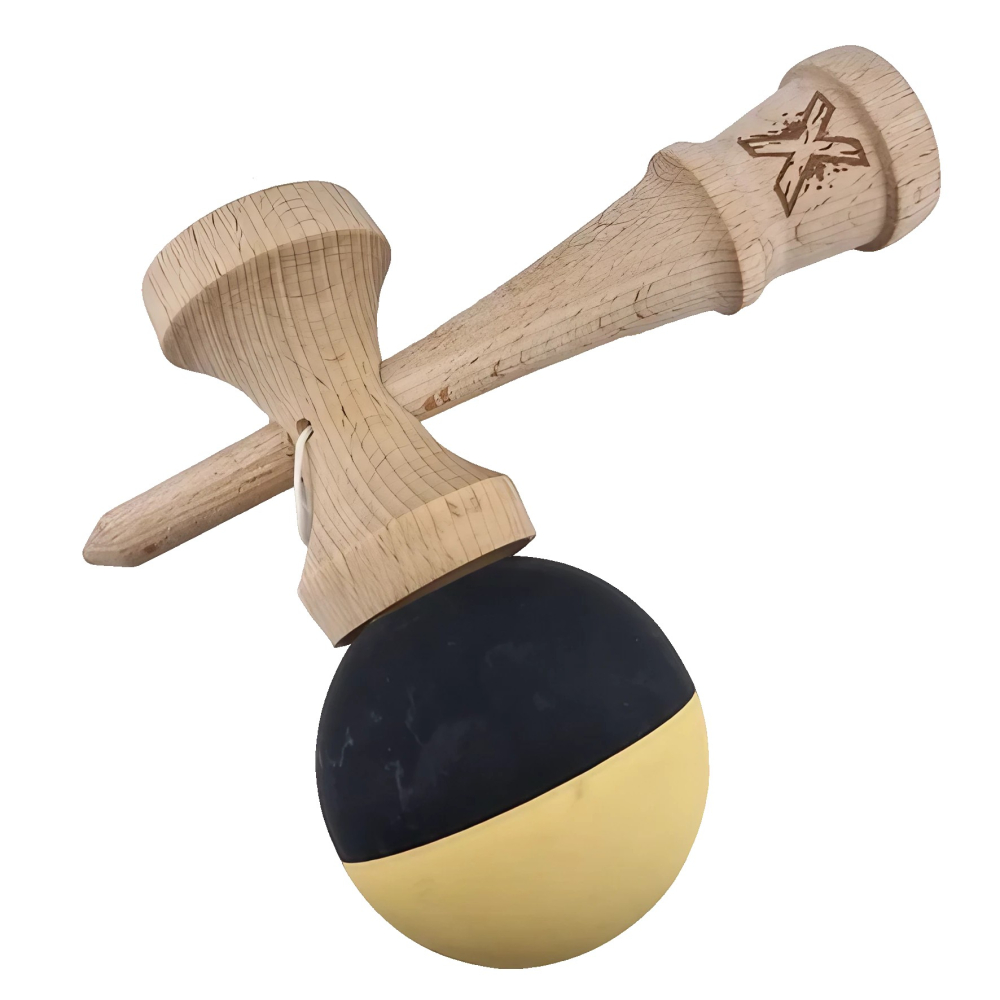 Kendama X Originala, Profesionala, din Lemn, Rubber Grip, 18 cm, Galben/Negru [4]