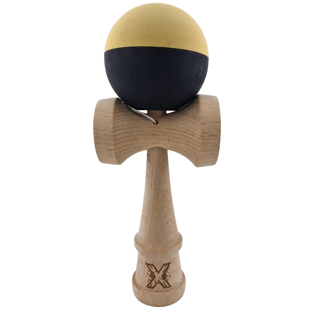 Kendama X Originala, Profesionala, din Lemn, Rubber Grip, 18 cm, Galben/Negru [2]