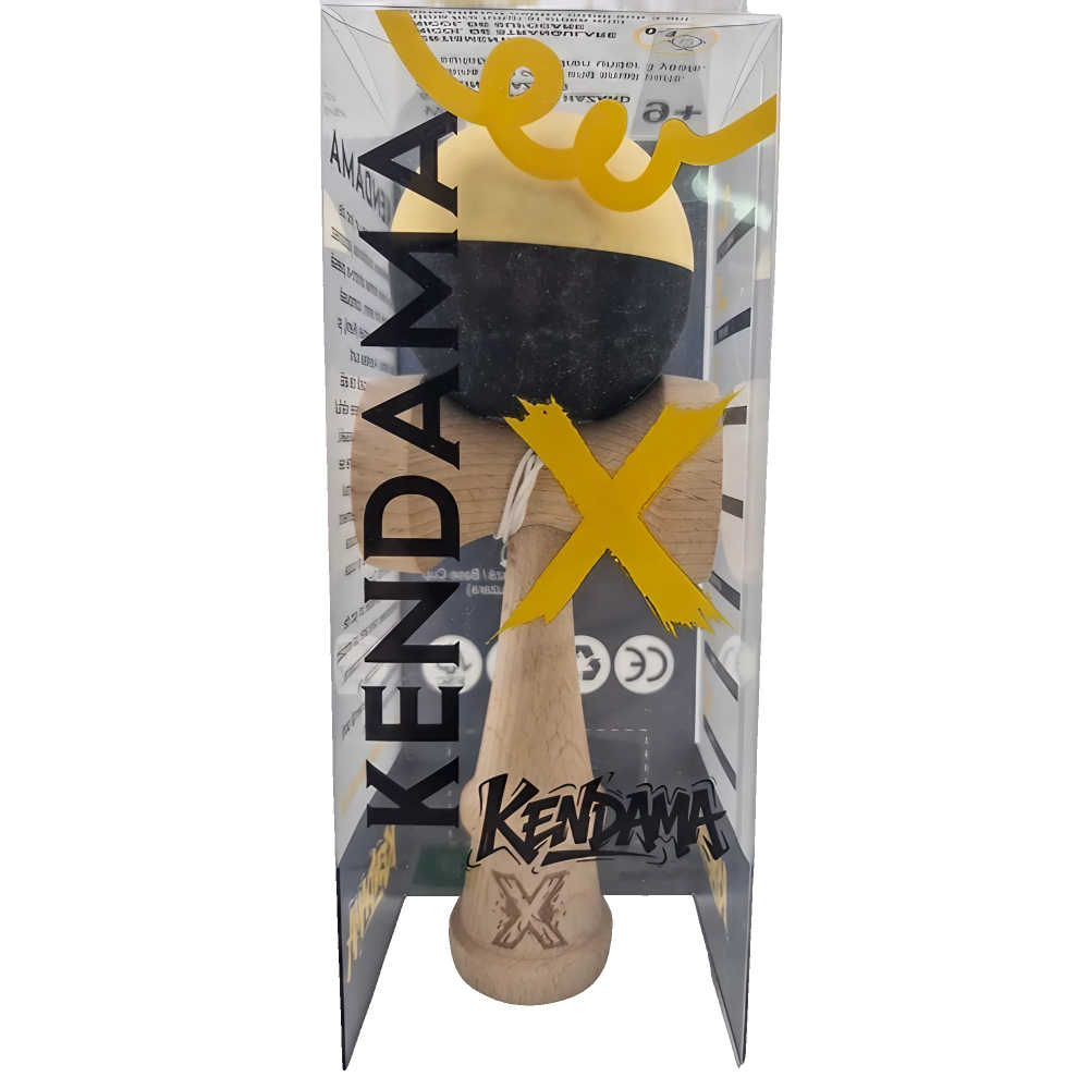 Kendama X Originala, Profesionala, din Lemn, Rubber Grip, 18 cm, Galben/Negru [5]