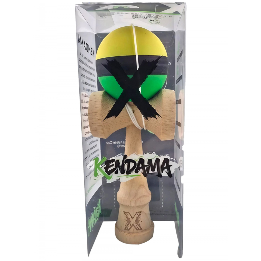 Kendama X Originala, Profesionala, din Lemn, Rubber Grip, 18 cm, Galben/Negru/Verde [4]