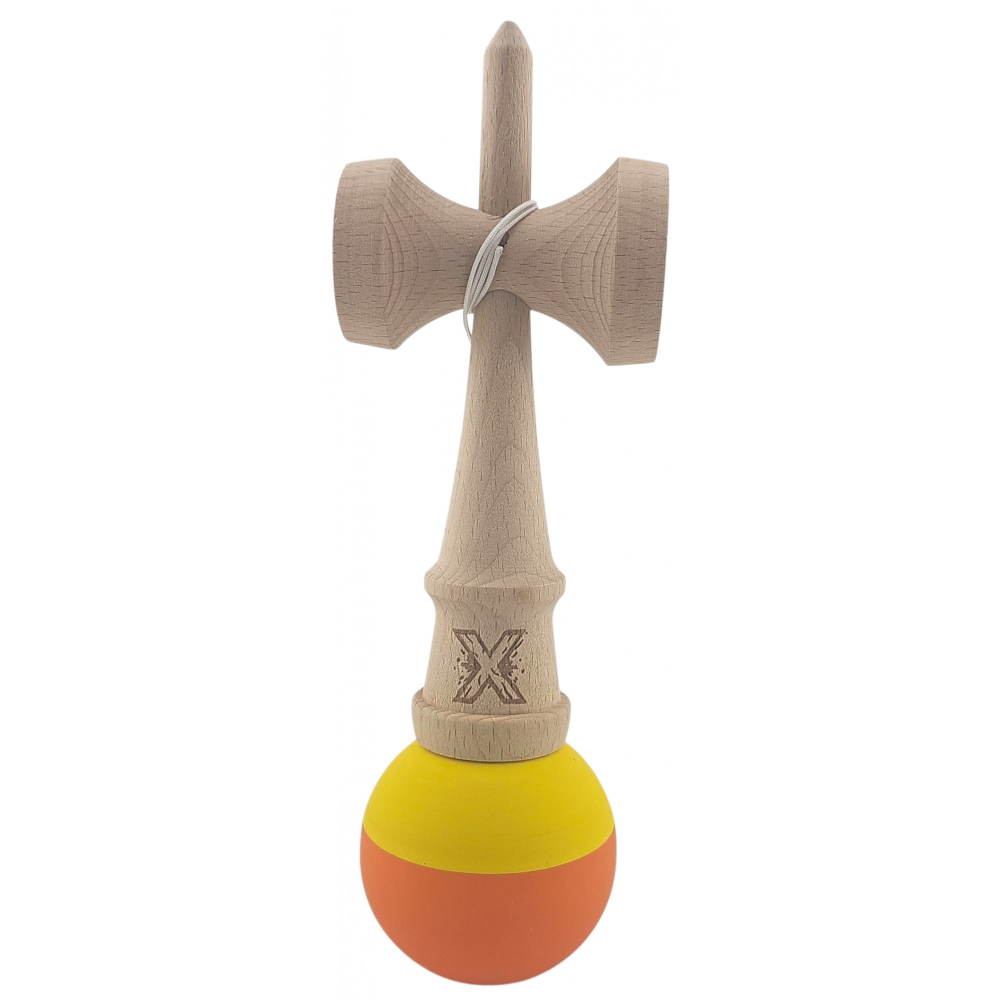 Kendama X Originala, Profesionala, din Lemn, Rubber Grip, 18 cm, Galben/Portocaliu [3]