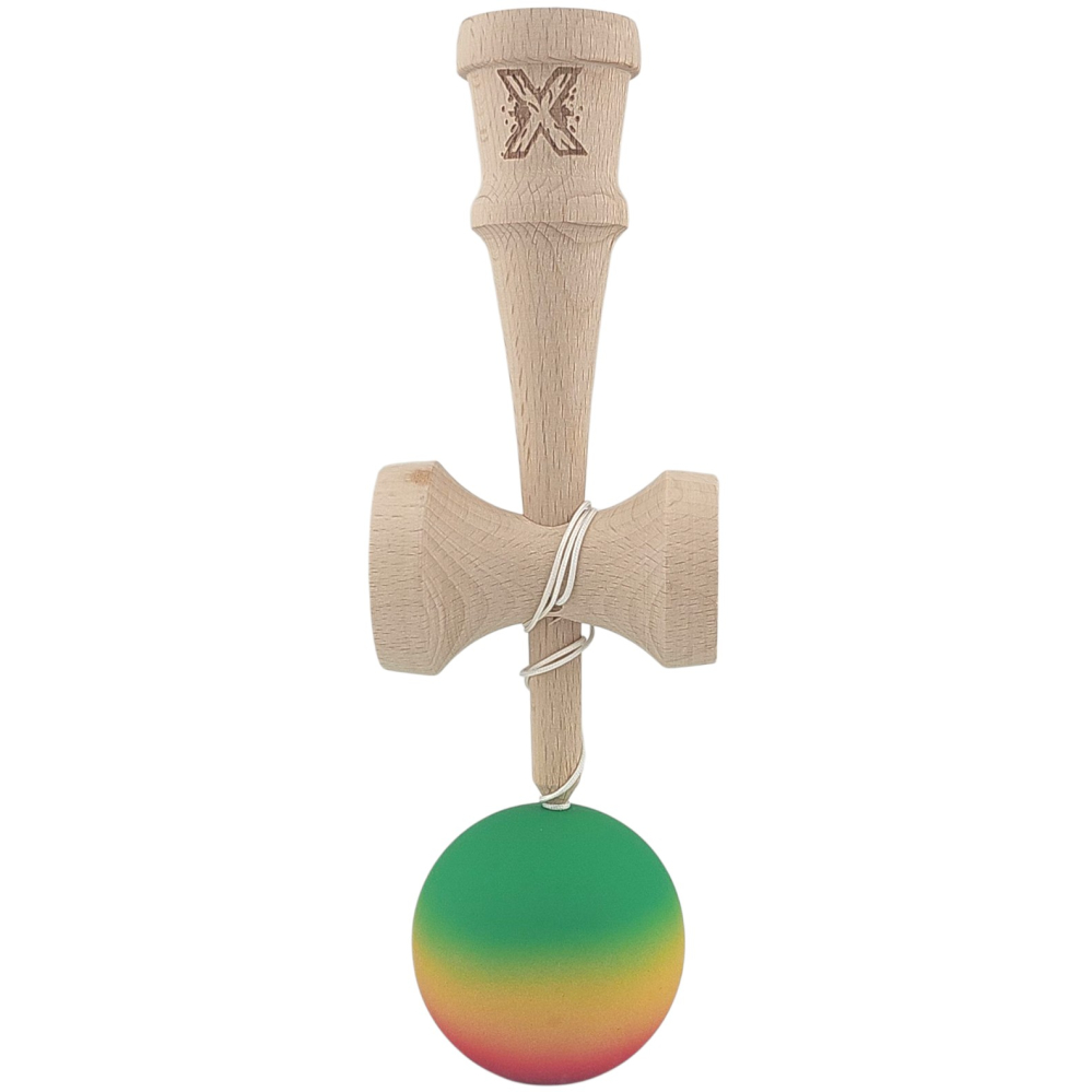 Kendama X Originala, Profesionala, din Lemn, Rubber Grip, 18 cm, Gradient Verde/Galben/Rosu [2]