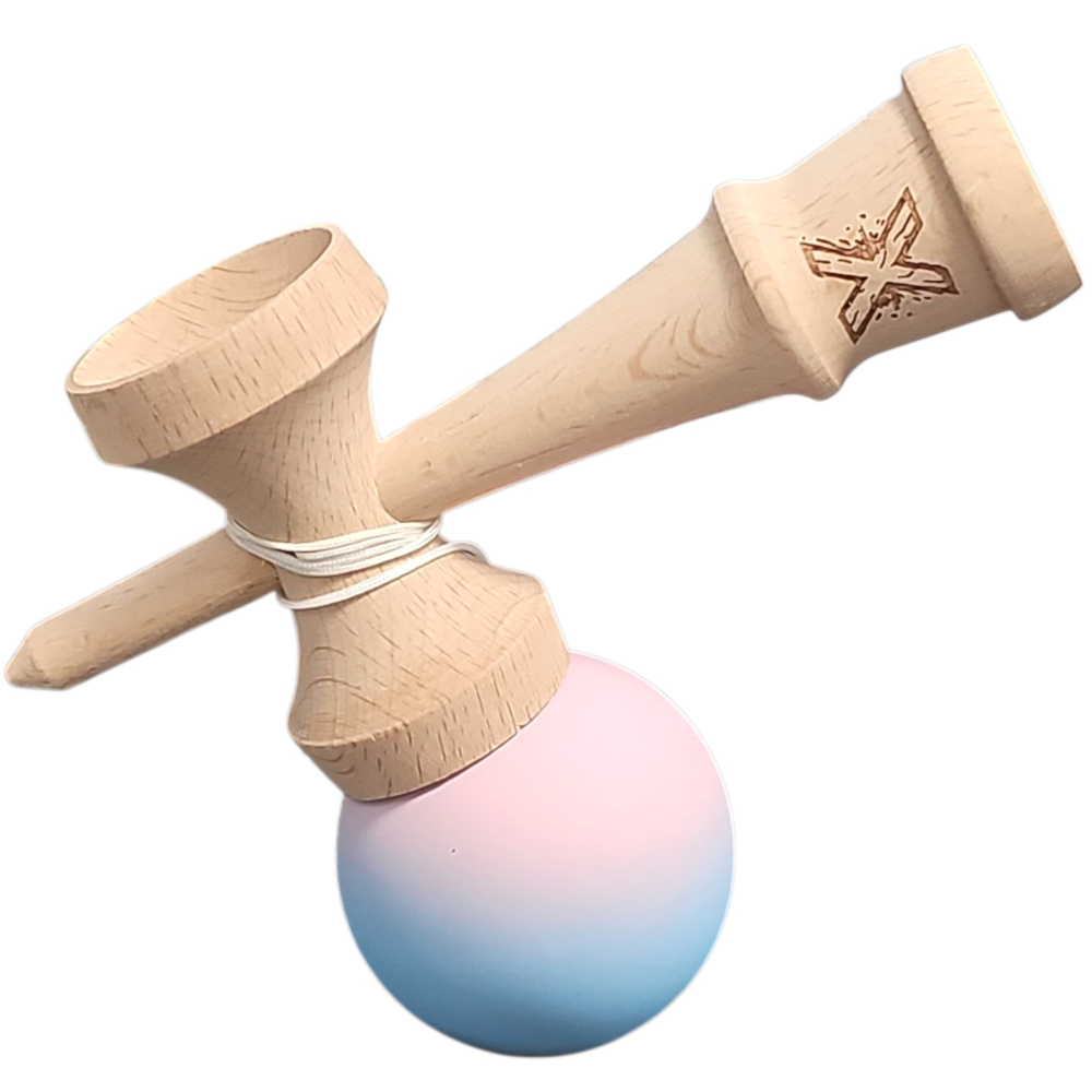 Kendama X Originala, Profesionala, din Lemn, Rubber Grip, 18 cm, Lila/Turcoaz [3]