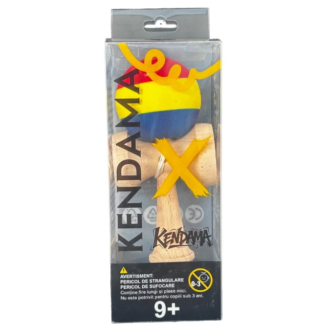 Kendama X Originala, Profesionala, din Lemn, Rubber Grip, 18 cm, Rosu/Galben/Albastru [3]