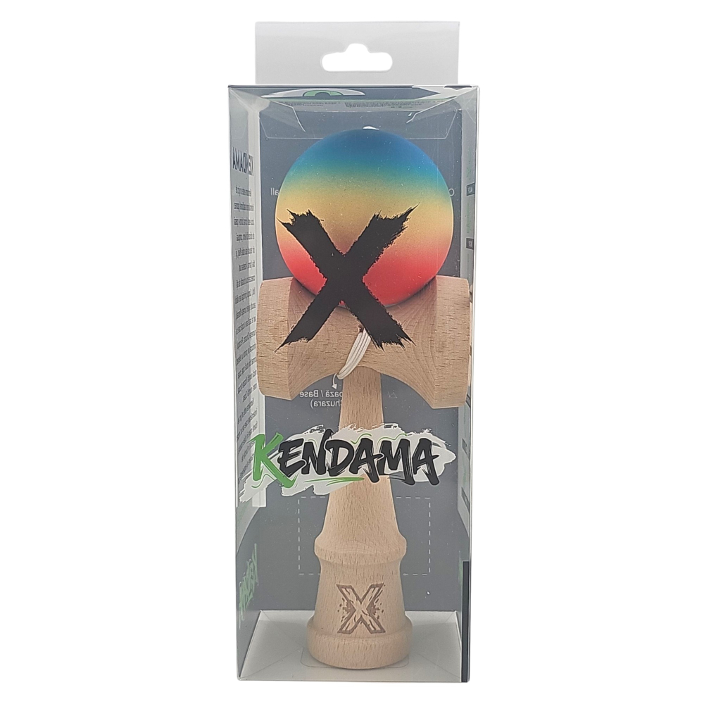 Kendama X Originala, Profesionala, din Lemn, Rubber Grip, 18 cm, Rosu/Galben/Albastru [4]