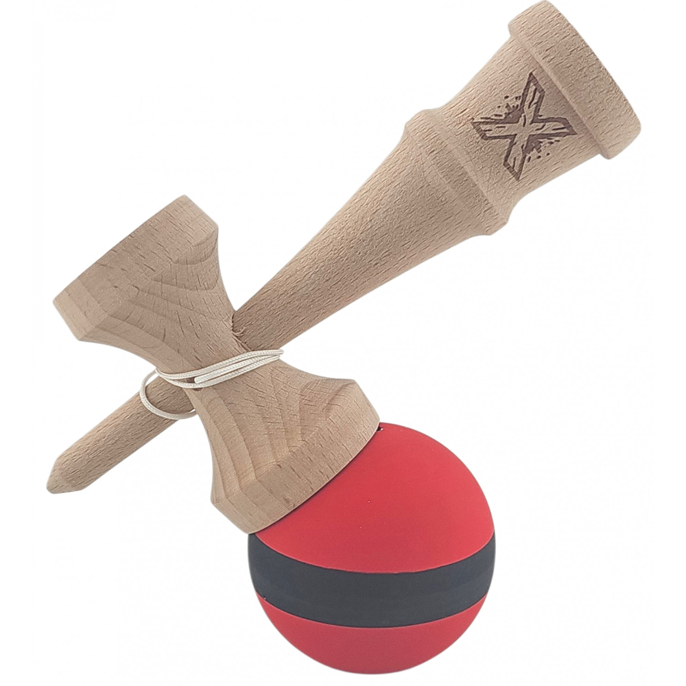 Kendama X Originala, Profesionala, din Lemn, Rubber Grip, 18 cm, Rosu/Negru [2]