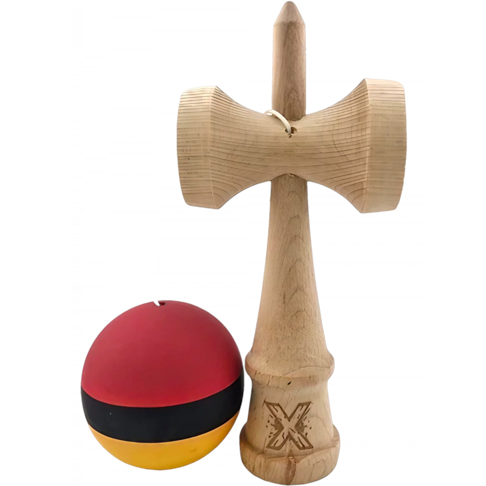 Kendama X Originala, Profesionala, din Lemn, Rubber Grip, 18 cm, Rosu/Negru/Galben [4]