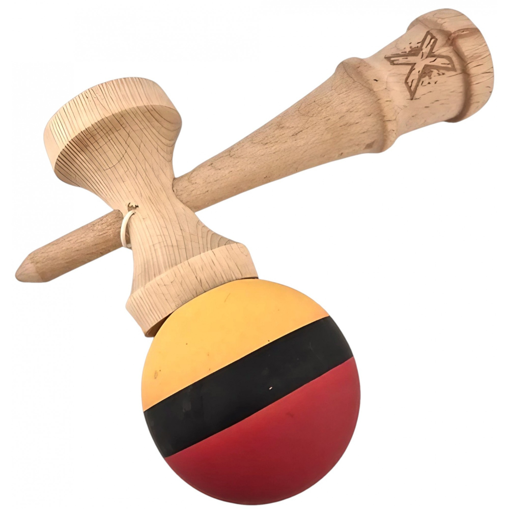Kendama X Originala, Profesionala, din Lemn, Rubber Grip, 18 cm, Rosu/Negru/Galben [3]