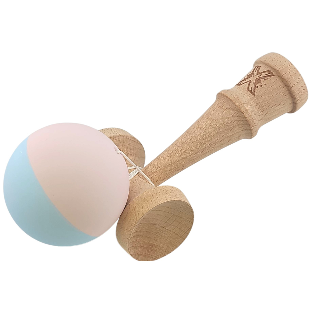 Kendama X Originala, Profesionala, din lemn, Rubber Grip, 18 cm, Roz/Albastru [4]