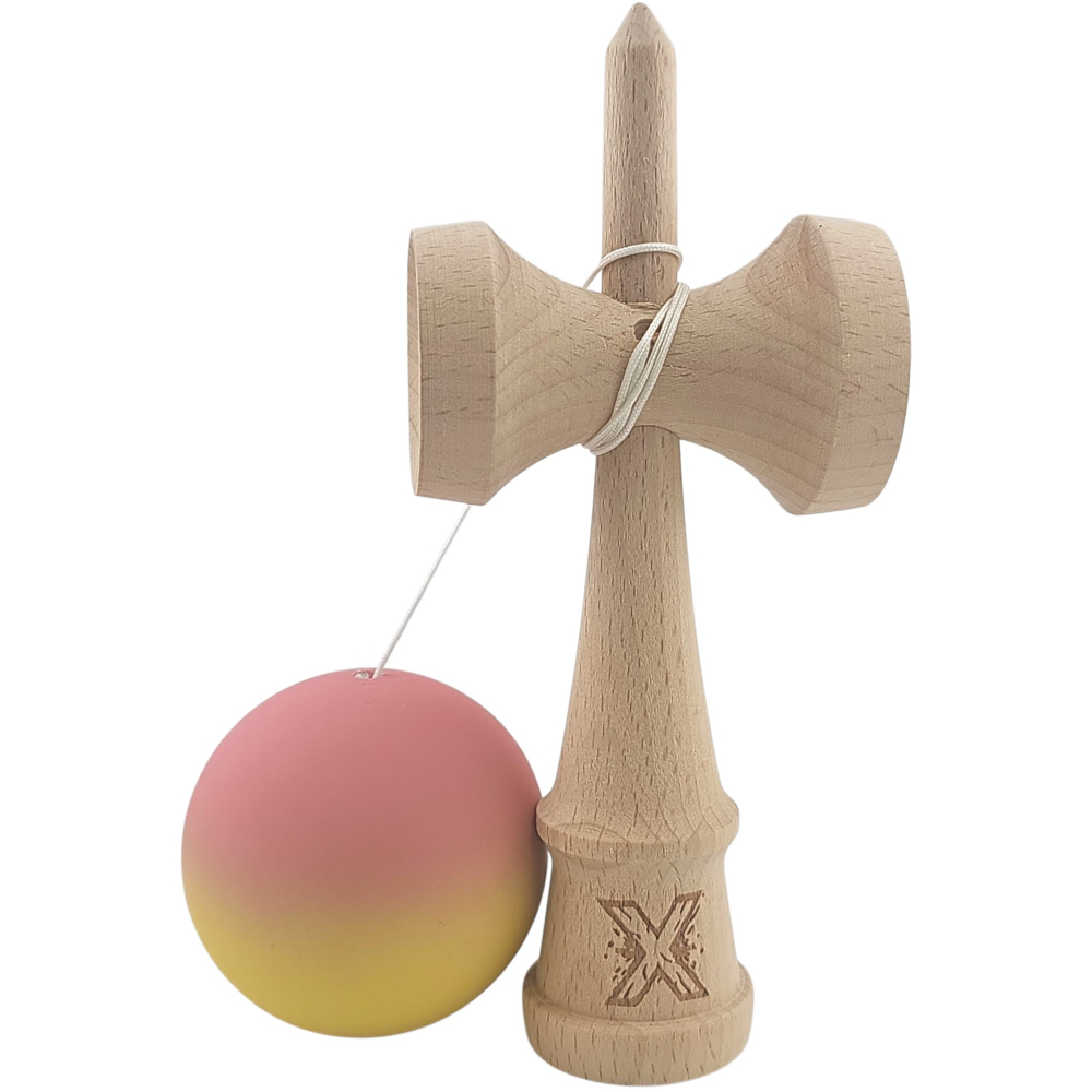 Kendama X Originala, Profesionala, din Lemn, Rubber Grip, 18 cm, Roz/Galben [2]