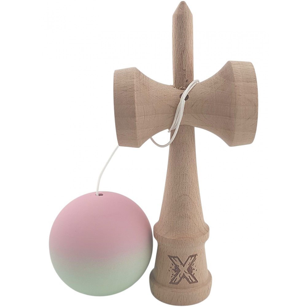 Kendama X Originala, Profesionala, din Lemn, Rubber Grip, 18 cm, Roz/Verde [2]